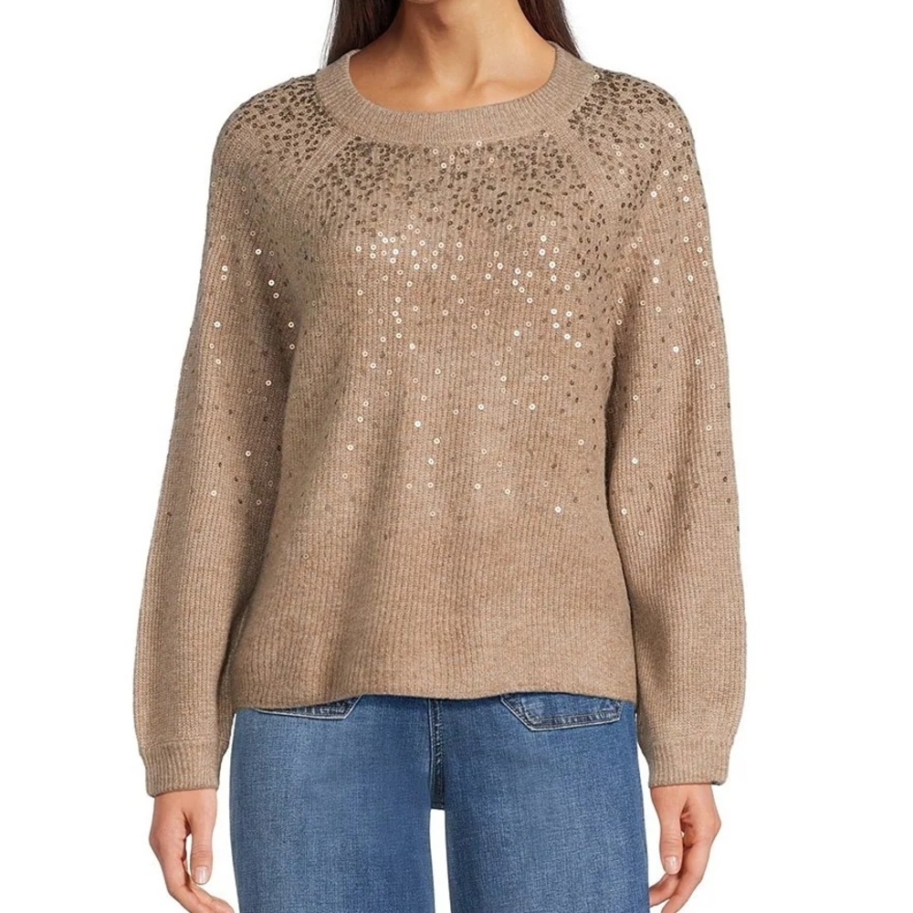 Vince Camuto Beige Sequin Sweater Womens Long Sleeve Sparkle Knit